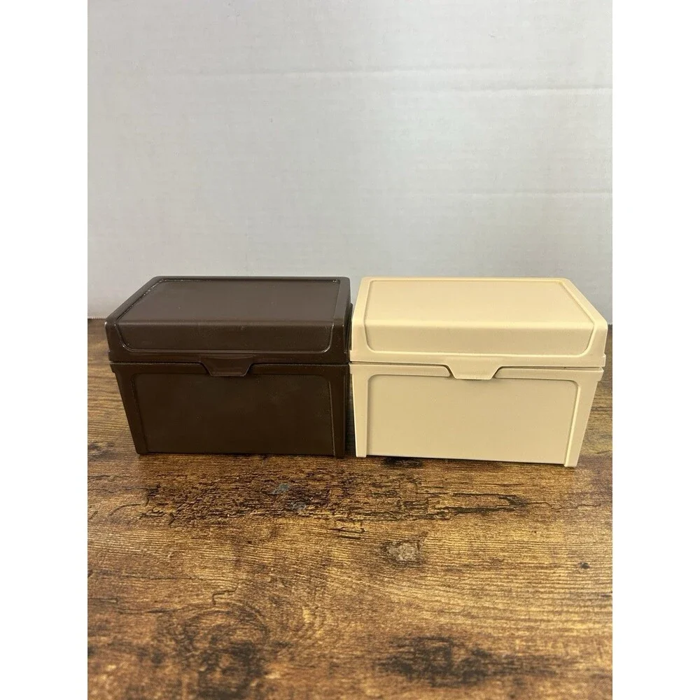 Vintage Plastic Recipe Card File Boxes Brown Tan Mid Century Set of 2 Lot Office